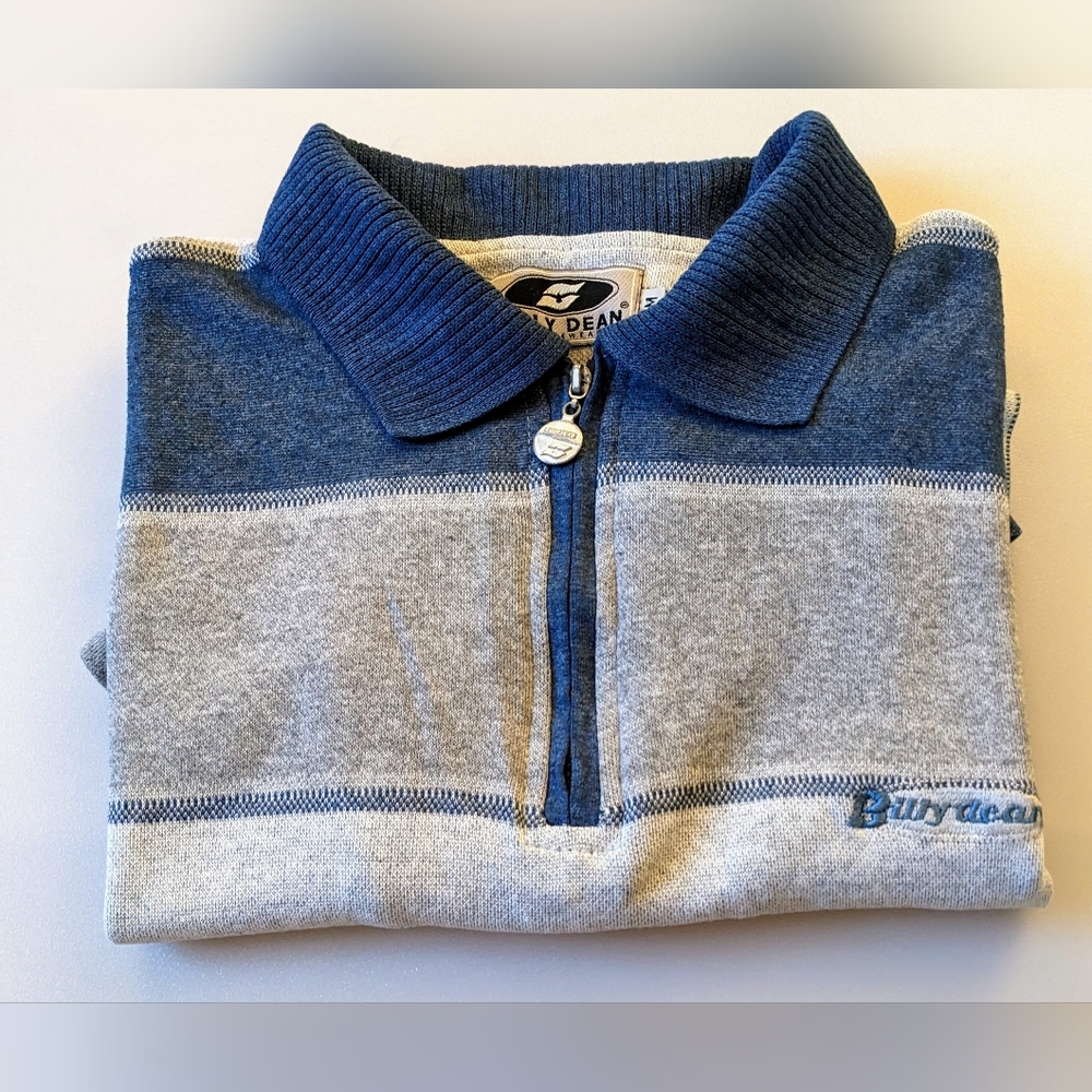 Vintage Billy Dean Men’s Blue Gray Striped 1/4 Zip Polo Shirt. Size Medium